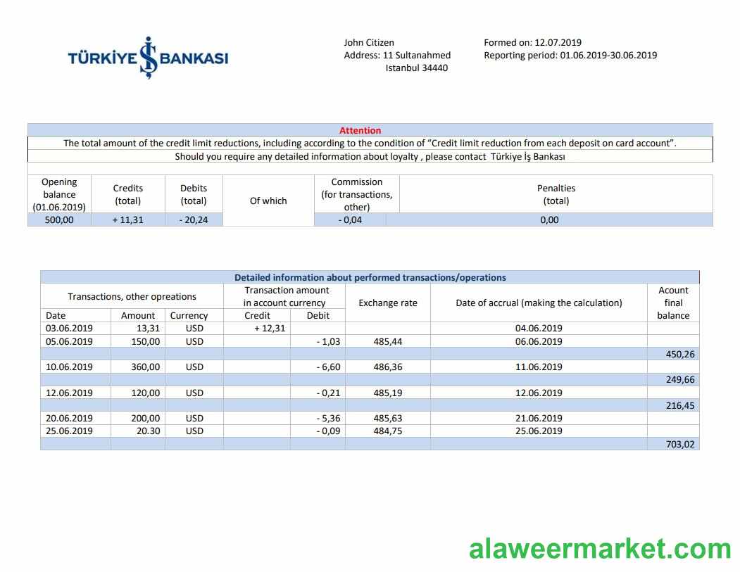 Turkey Bankasi bank proof of address statement template in Word and PDF format, fully editable